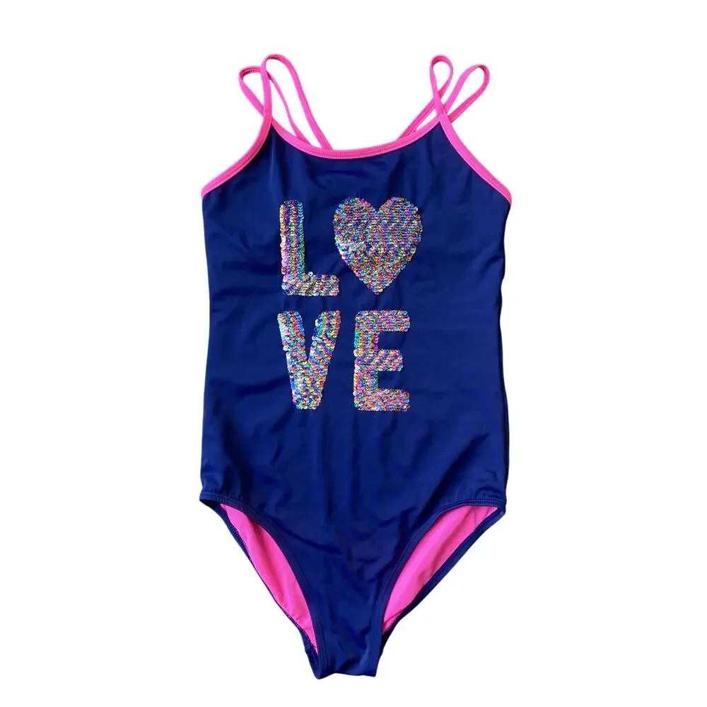 Justice One Piece Swimsuit Sz 14 Blue Pink Lining LOVE Sequin Flip Modest